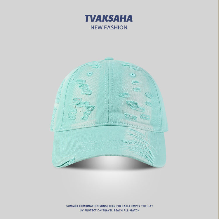 流行帽子|薄荷綠鴨舌帽女夏季小清新多巴胺穿搭遮陽帽個性破洞顯臉小棒球帽「C4161」24.07-3