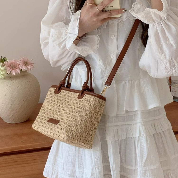 日韓流行|沙灘風手提編織小包包女2024新款夏季單肩斜背包菜籃水桶草編包「9387#」24.05-4