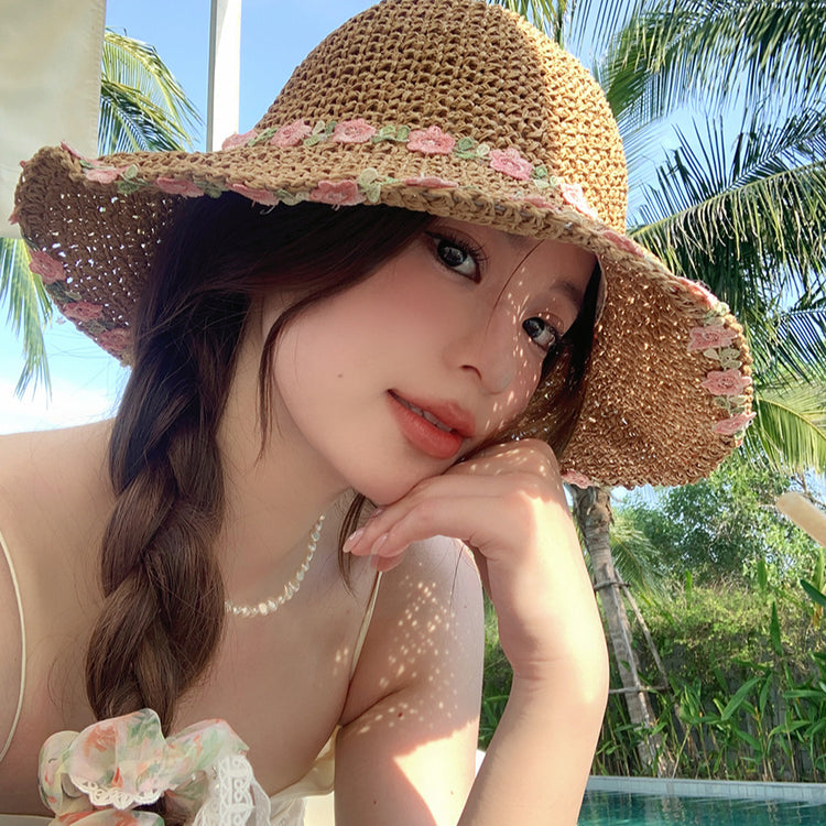 流行帽子|蕾絲系帶草帽夏季女帽子防曬學生戶外遮陽帽綁帶沙灘彩虹太陽帽子「C3929」24.05-2