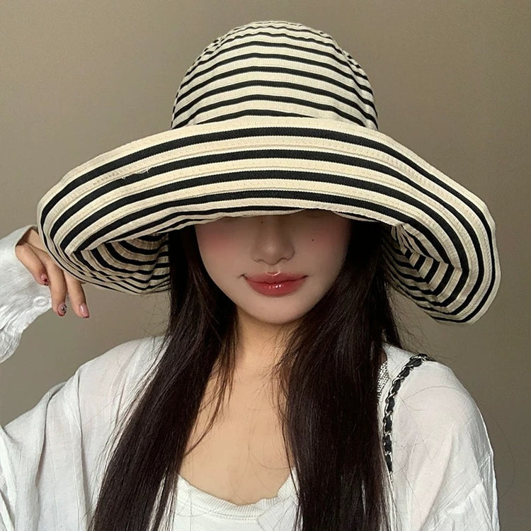 流行帽子|日系可折疊條紋漁夫帽女夏防曬帽子大帽檐戶外遮陽太陽帽防紫外線「C5235」25.04-5