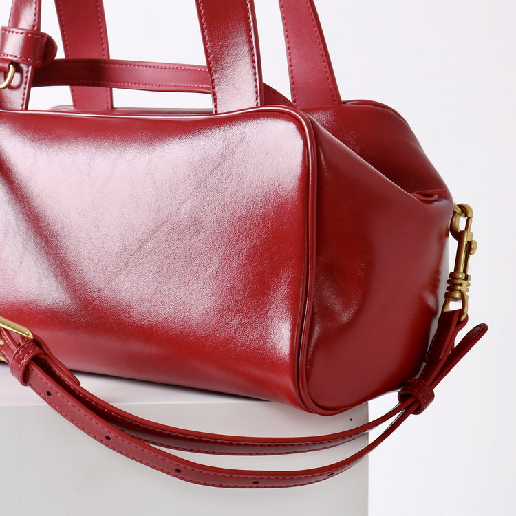 質感真皮|2025新款時尚牛皮手柄保齡球波士頓手提包小眾設計休閒百搭斜背包「8566」25.09-2