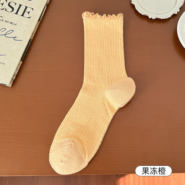 女襪|純色簡約襪子女鏤空網眼透氣木耳邊堆堆襪棉質彈力親膚舒適中筒襪「TM7240」25.02-1