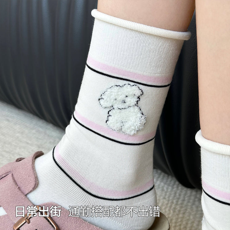 女襪|彈力卷邊襪子女可愛卡通西高地中筒襪撞色條紋吸汗透氣諸暨襪子「WN2513」25.08-4