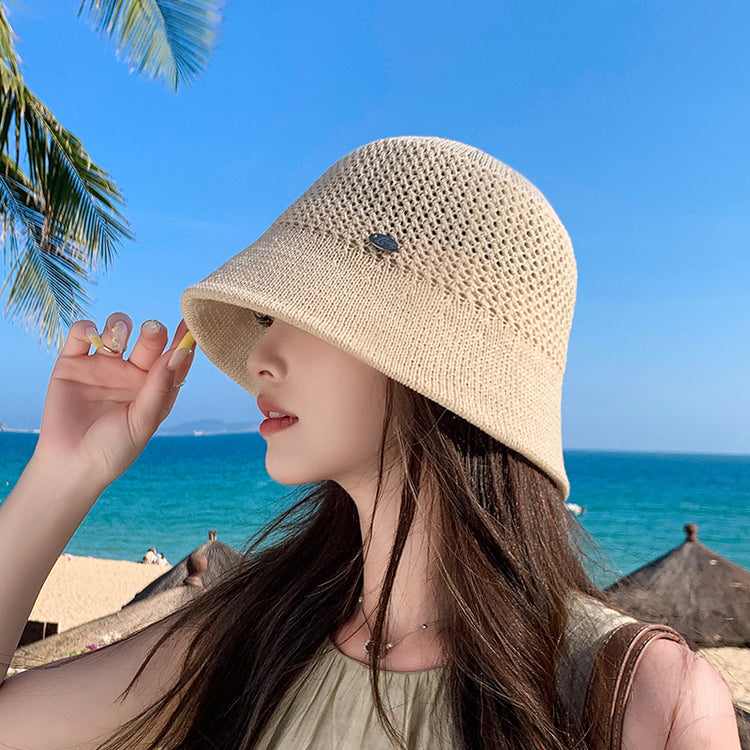 流行帽子|鏤空針織草帽女夏季時尚透氣顯臉小遮陽帽沙灘海邊素顏百搭水桶帽「C5039」25.03-1