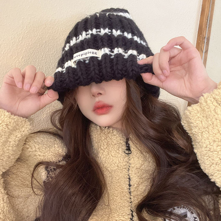 流行帽子|帽子女秋冬毛線帽潮韓版保暖護耳冷帽套頭帽條紋百搭顯臉小針織帽「C3048」24.11-2