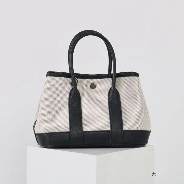 質感真皮|2025潮流新頭層牛皮撞色帆布手提花園包高級感洋氣單肩包休閒斜背包「80592」25.04-2