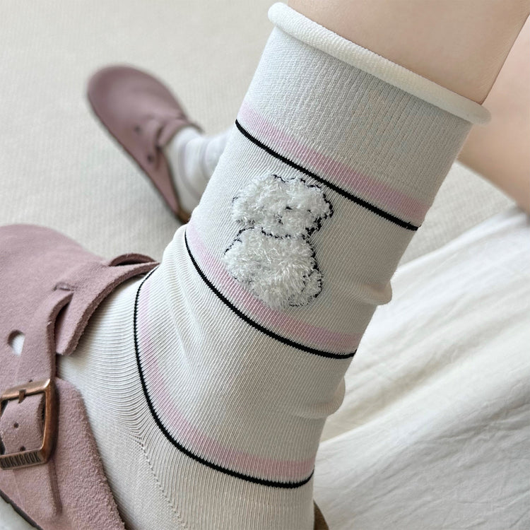 女襪|彈力卷邊襪子女可愛卡通西高地中筒襪撞色條紋吸汗透氣諸暨襪子「WN2513」25.08-4