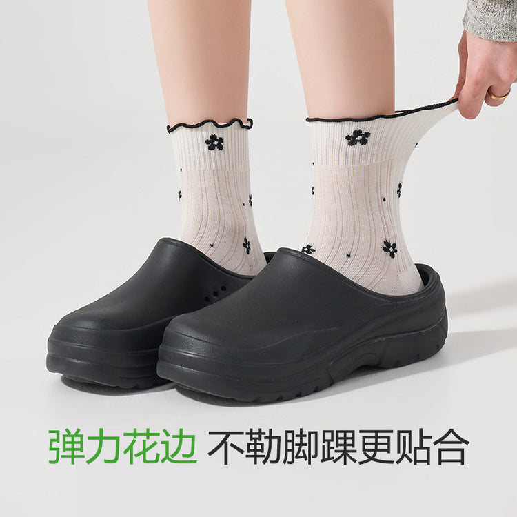 女襪|木耳花邊襪子女春夏季薄款鏤空網眼透氣中筒襪涼感親膚彈力堆堆襪「XC2215」25.02-2
