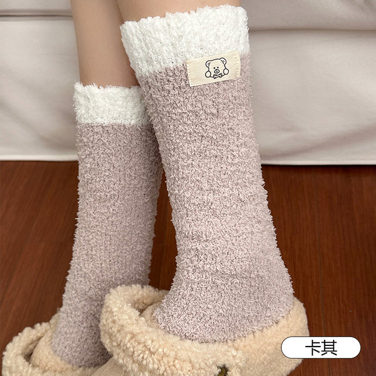 女襪|珊瑚絨小腿襪子女高筒保暖加絨加厚長筒襪秋冬睡眠毛絨絨地板襪「D25864」25.11-4