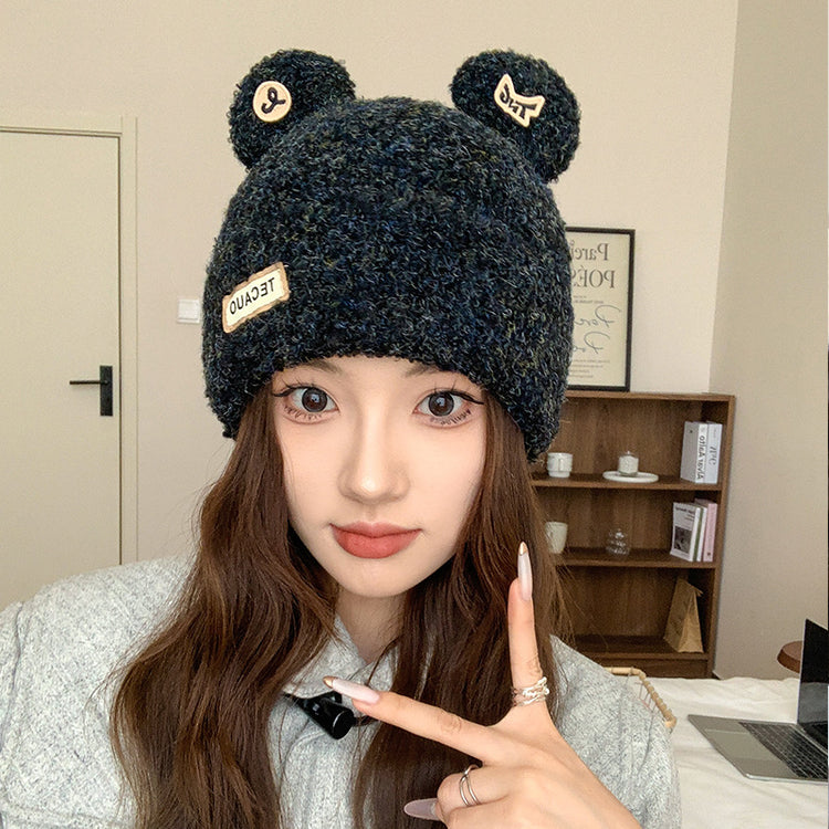 流行帽子|新款時尚側標TEC小熊耳朵針織帽秋冬可愛保暖護耳帽百搭休閒帽子「C4678」24.10-3