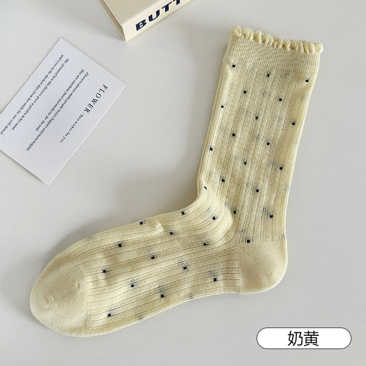 女襪|襪子女士夏季薄款復古波點花邊堆堆襪棉質吸汗透氣彈力中筒襪「AM2505」25.07-5