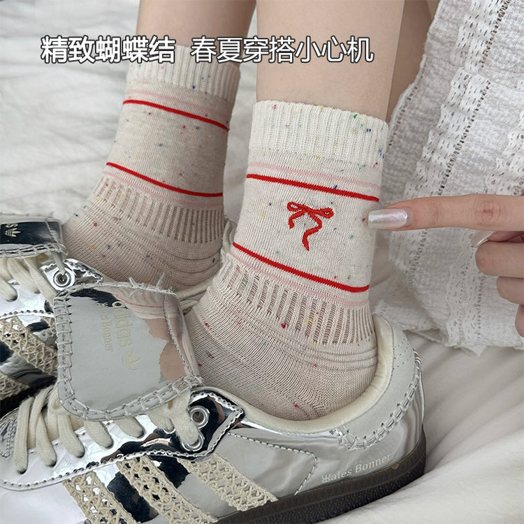 女襪|刺繡蝴蝶結襪子女棉質軟糯親膚舒適中筒襪點子紗春夏季薄款堆堆襪「W0122」25.03-3