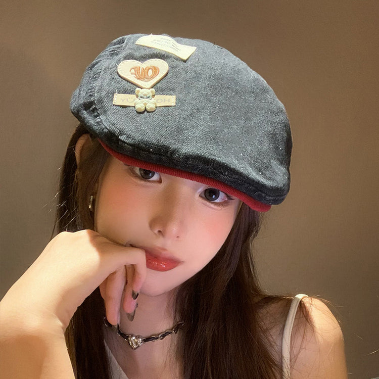 流行帽子|日系復古愛心小熊牛仔拼色檐帽子ins秋季新品可百搭愛甜美前進帽「C4457」24.09-3