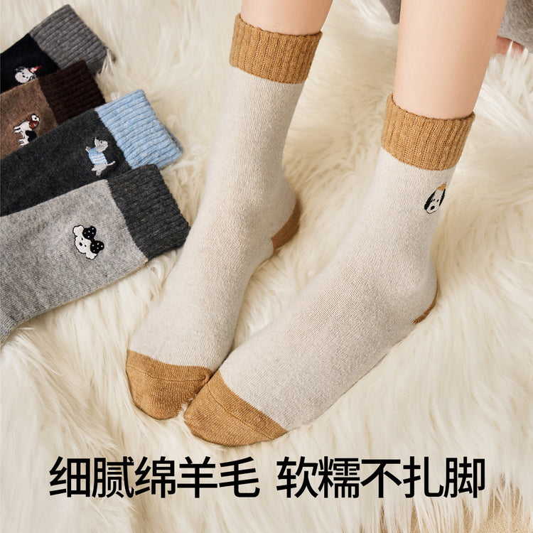 女襪|美利奴羊毛襪子女ins潮拼色卡通刺繡中筒襪秋冬季加厚保暖堆堆襪「GO2570」25.12-2