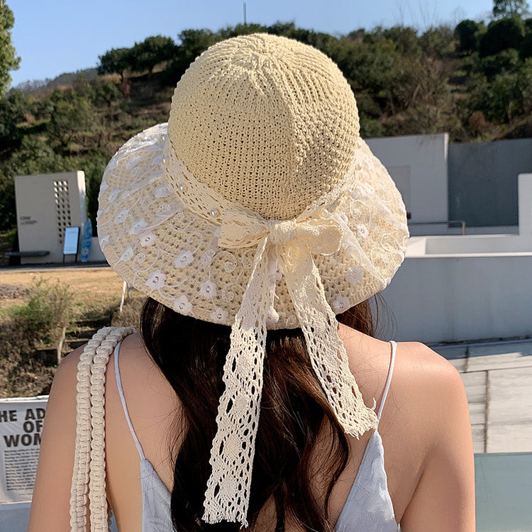 流行帽子|夏季新款帽子女蕾絲蝴蝶結漁夫帽韓版顯臉小海邊沙灘草帽防紫外線「C5237」25.04-5