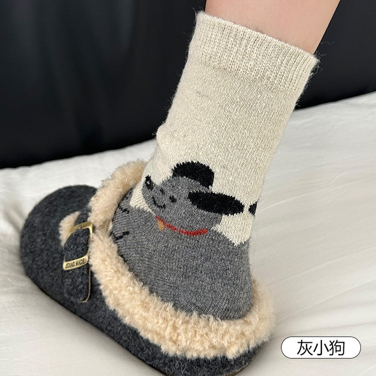 女襪|後跟卡通圖案襪子女冬季加厚保暖羊毛襪日系學院風彈力舒適中筒襪「GO2585」25.11-4