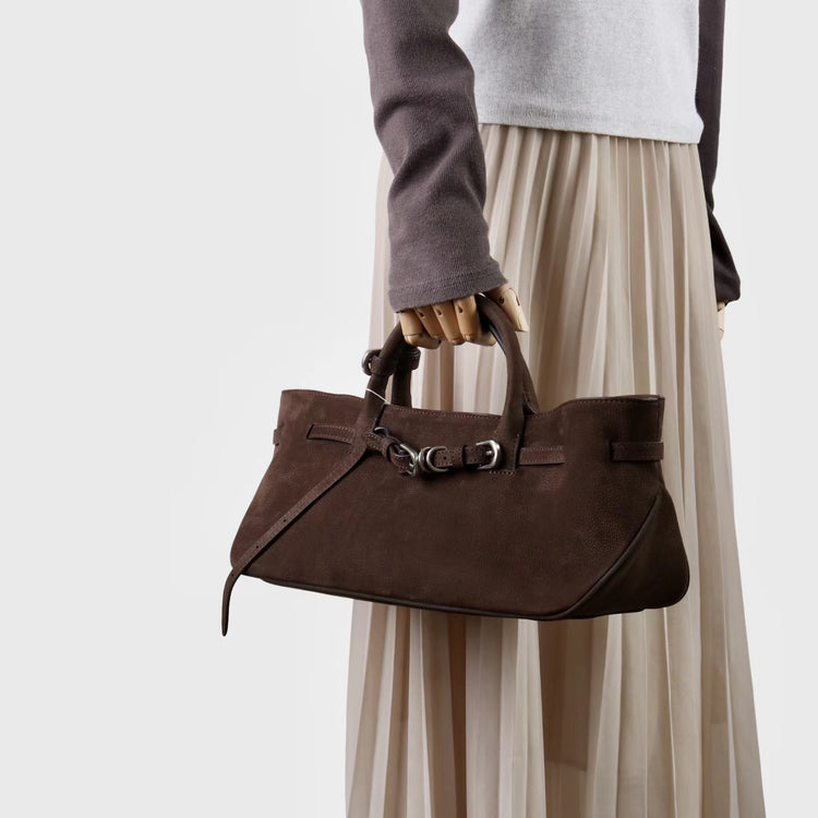 質感真皮|2025新款復古休閒麂皮包通勤百搭極簡皮帶扣設計斜背女小眾托特包「5797」25.09-4