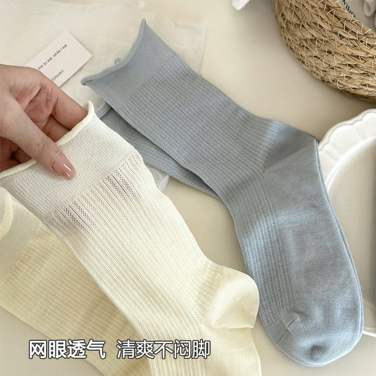 女襪|灰色堆堆襪子女棉質鏤空網眼透氣中筒襪親膚舒適彈力無骨休閒襪「MI1141」25.04-4