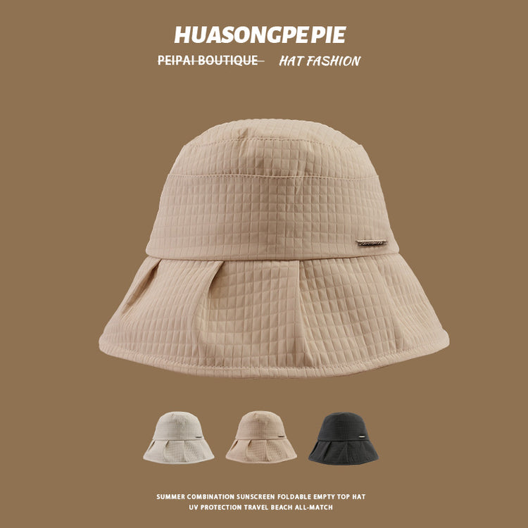 流行帽子|帽子夏季新款大帽檐遮臉方格QIA裙擺漁夫帽日系簡約時尚防曬帽女「C4068」24.06-3