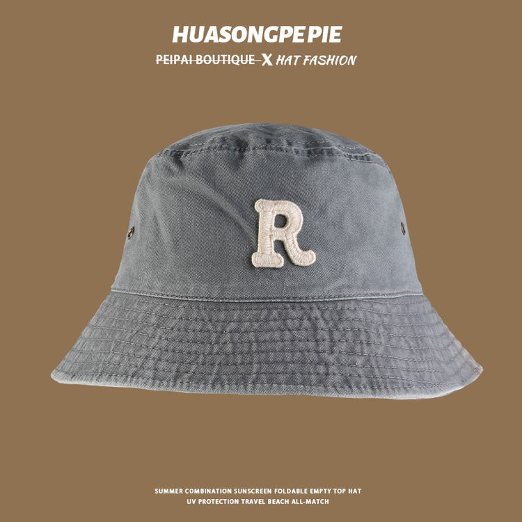 流行帽子|大沿遮陽帽水洗棉R字母刺繡簡約百搭漁夫帽出遊帽子防曬帽夏季女「C4032」24.06-1