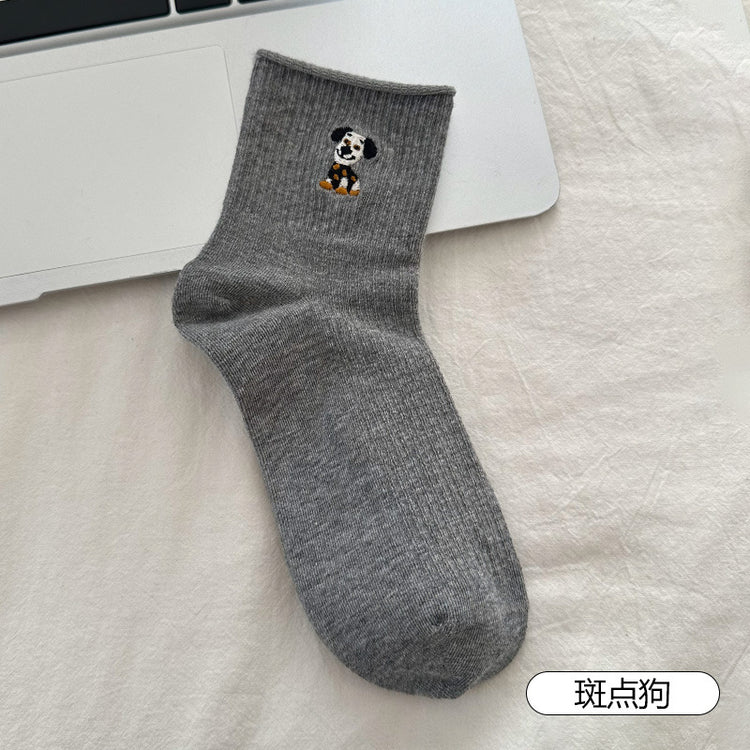 女襪|夏季薄款襪子女棉質吸汗透氣彈力短筒襪卡通刺繡配德訓鞋休閒襪「AL25007」25.04-3