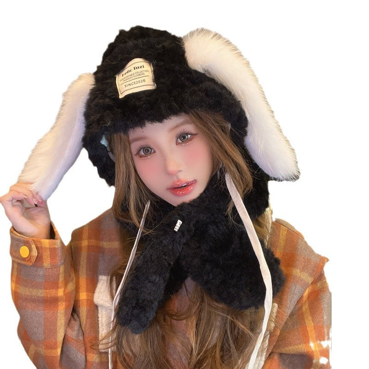 流行帽子|可愛兔耳朵帽子圍巾一體女冬季韓版顯臉小加絨加厚毛絨護耳「C4526」24.12-4