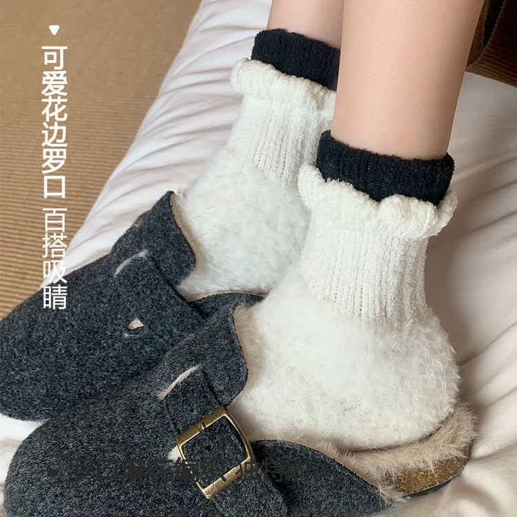 女襪|珊瑚絨襪子女秋冬季美拉德彈力保暖中筒襪加絨加厚居家睡眠地板襪「AD2415」24.11-2
