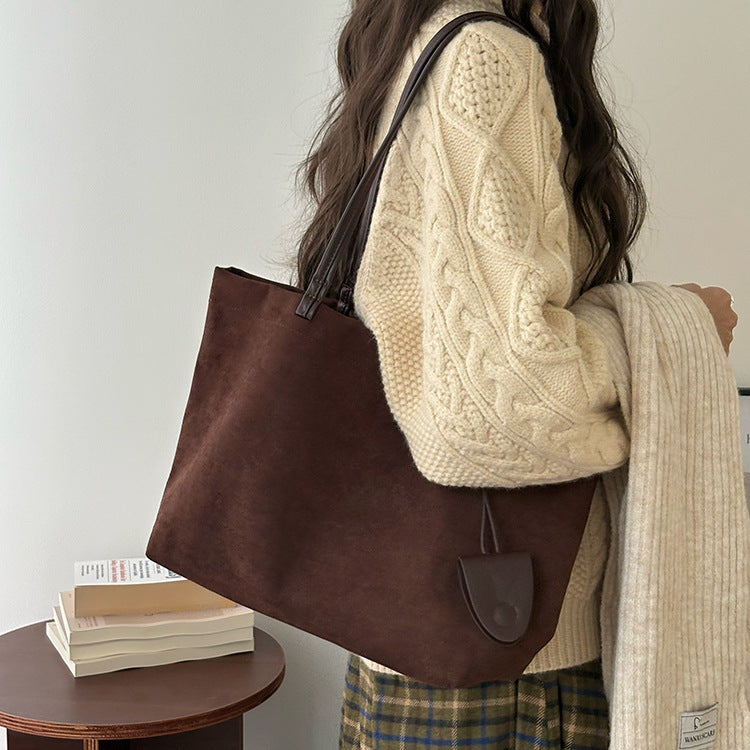 日韓流行|秋冬復古麂皮絨大容量包包新款女式休閒棕色托特包手提單肩通勤包「4F656」25.12-2