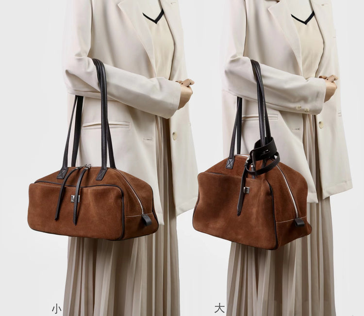 質感真皮|2025新款百搭輕奢磨砂牛皮波士頓大包單肩托特枕頭通勤保齡球包「X3989D3988」25.09-3