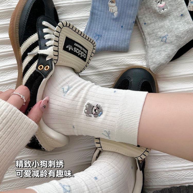女襪|襪子女士小狗刺繡卡通趣味減齡中筒襪棉質吸汗透氣彈力堆堆襪「F2523」25.10-3