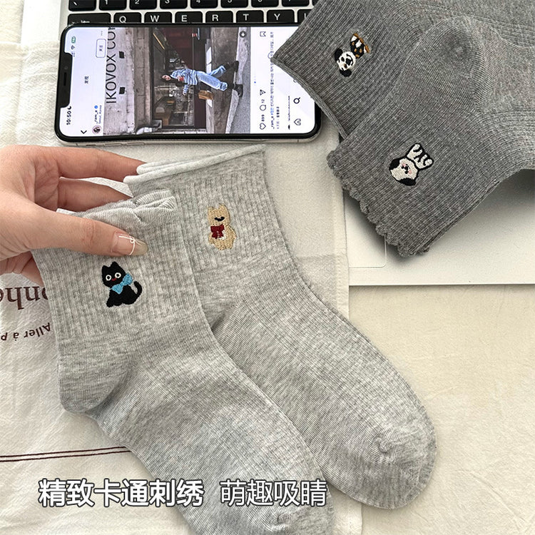 女襪|夏季薄款襪子女棉質吸汗透氣彈力短筒襪卡通刺繡配德訓鞋休閒襪「AL25007」25.04-3
