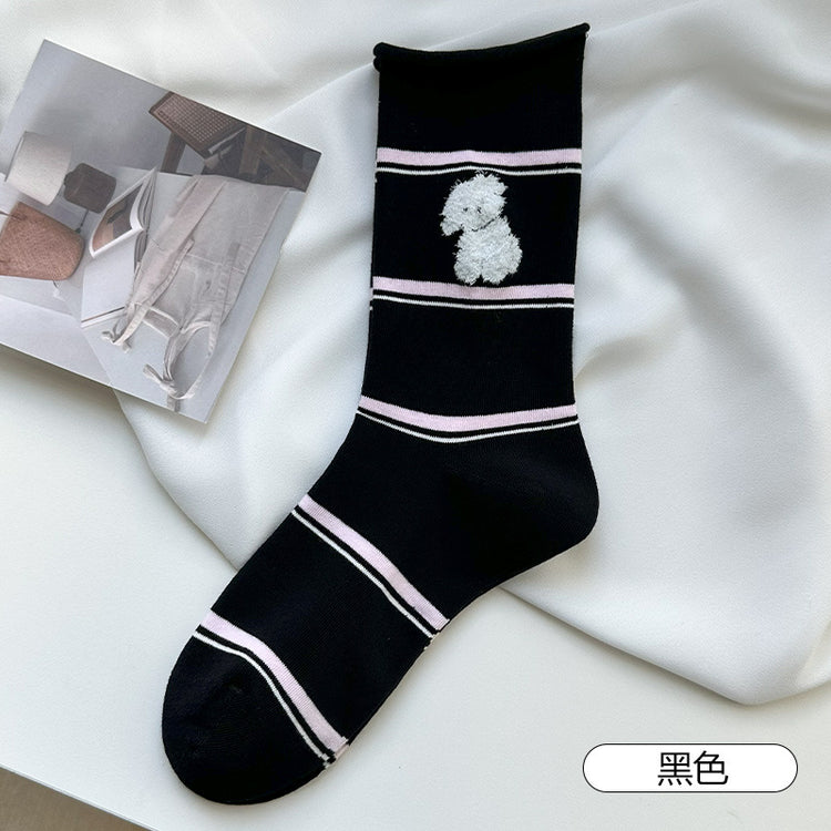 女襪|彈力卷邊襪子女可愛卡通西高地中筒襪撞色條紋吸汗透氣諸暨襪子「WN2513」25.08-4