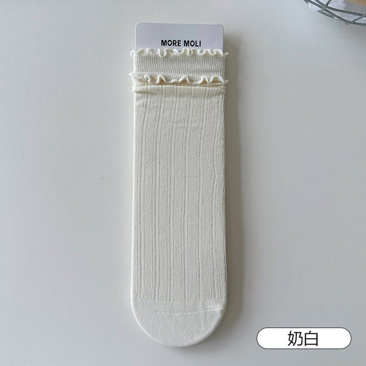 女襪|白色雙木耳邊襪子女miu系竪條顯瘦彈力中筒襪棉質吸汗防臭堆堆襪「NY2626」25.07-4