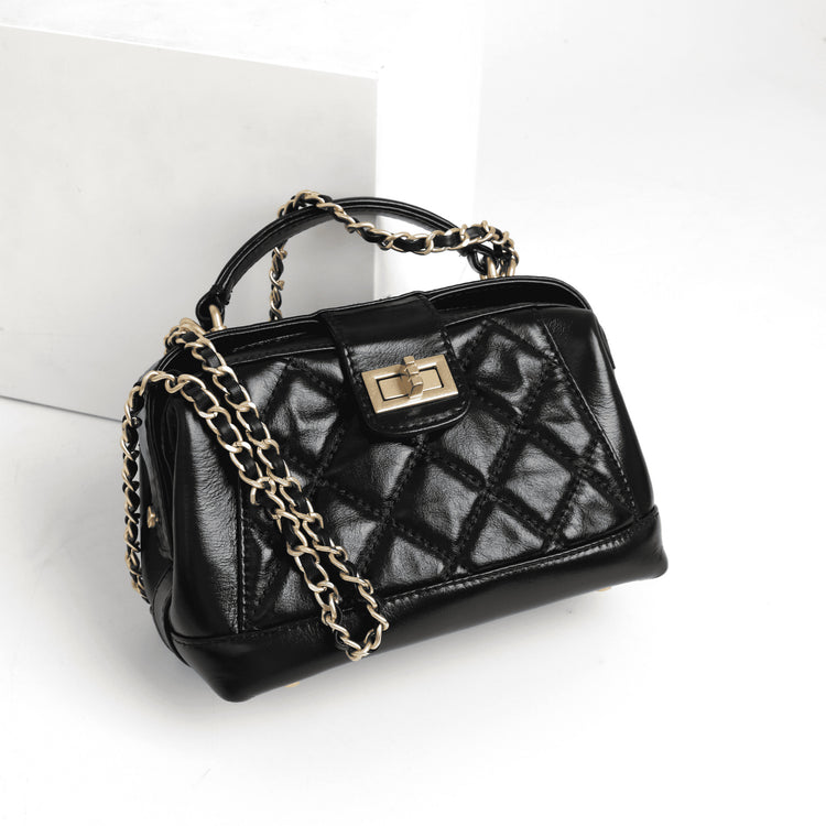 質感真皮|牛皮法式小眾菱格鏈條包包女時尚手提包通勤單肩斜挎小包「8073」24.05-4