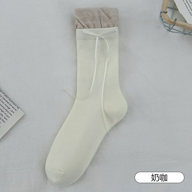 女襪|灰色堆堆襪子女彈力拼接花苞襪口中筒襪芭蕾風側邊飄帶蝴蝶結jk襪「S1205」25.04-2