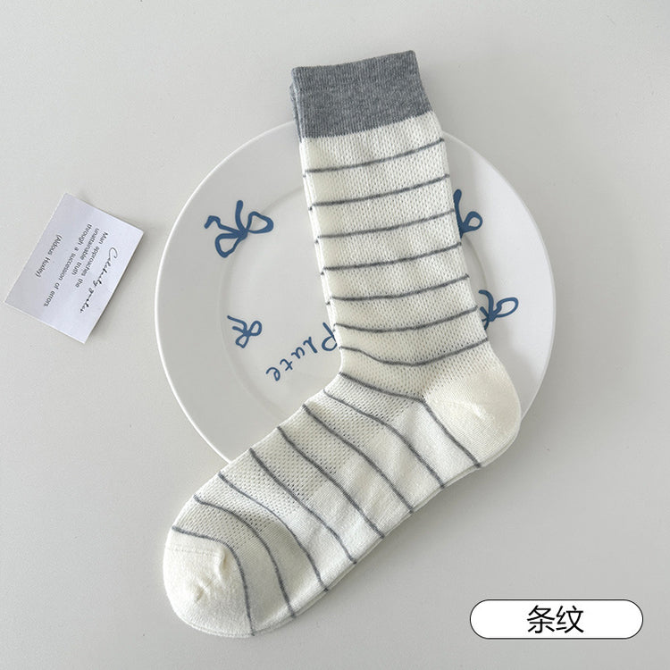 女襪|卷邊襪子女夏季薄款ins潮學院風中筒襪網眼透氣彈力無骨堆堆襪「TM7539」25.06-1
