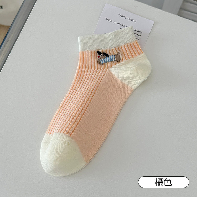 女襪|卡通臘腸狗襪子女棉質吸汗透氣親膚舒適中筒襪竪條顯瘦彈力休閒襪「XHS5020」25.05-1