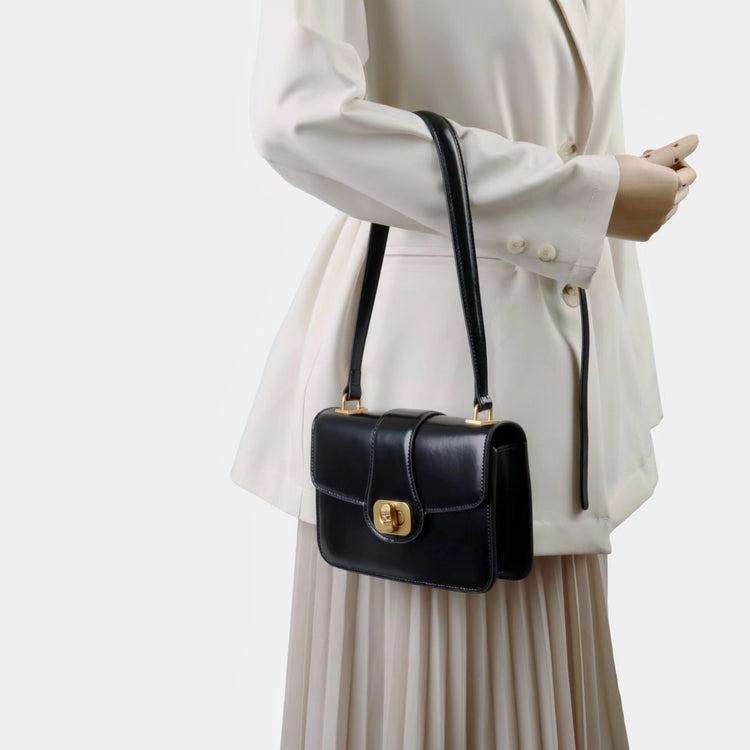 質感真皮|2025新款百搭進口小牛皮扭鎖翻蓋手提單肩腋下包精緻通勤女士包「6083」25.04-2