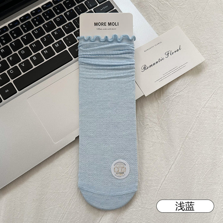 女襪|涼感桑蠶絲襪子女夏季薄款網眼透氣堆堆襪抑菌防臭彈力無骨中筒襪「ZJ25017」25.06-1