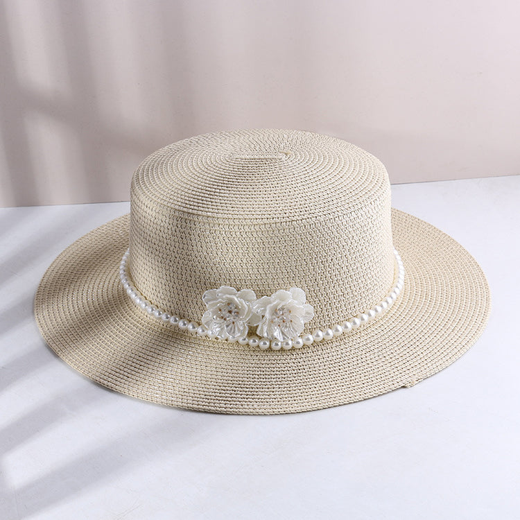 流行帽子|海邊草帽夏季遮陽遮臉防曬帽珍珠花朵赫本風沙灘度假平頂草編禮帽「C4107」24.07-4