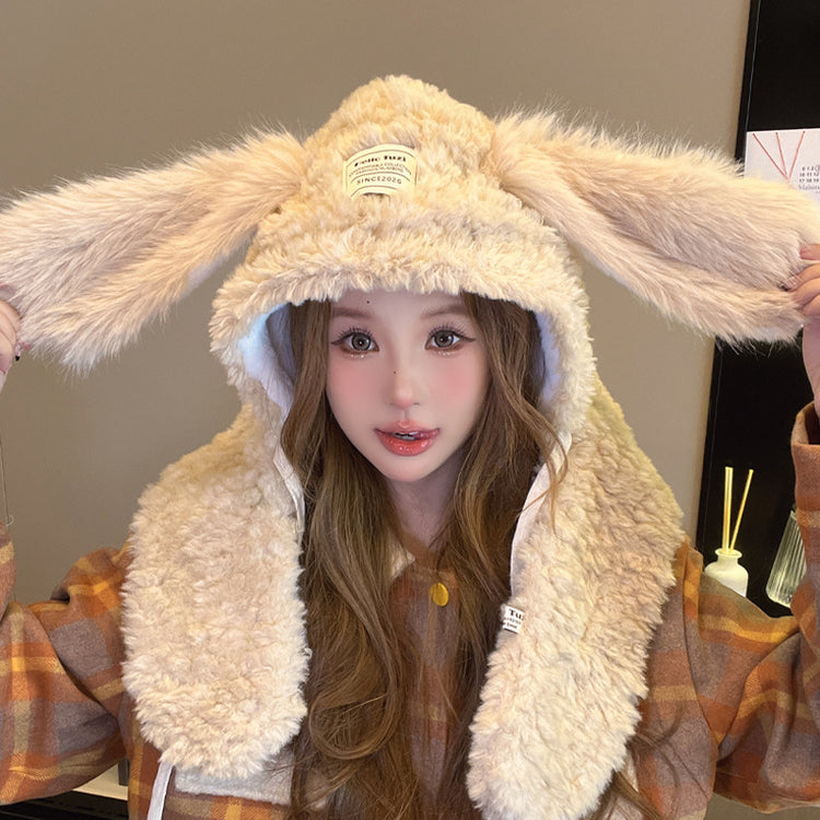 流行帽子|可愛兔耳朵帽子圍巾一體女冬季韓版顯臉小加絨加厚毛絨護耳「C4526」24.12-4