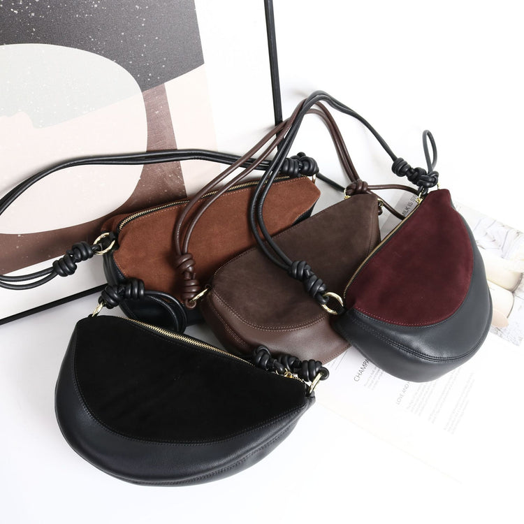 質感真皮|磨砂牛皮拼接羊皮月牙包女包2024新款真皮休閒斜背餃子包百搭單肩「3300-3#」24.10-2