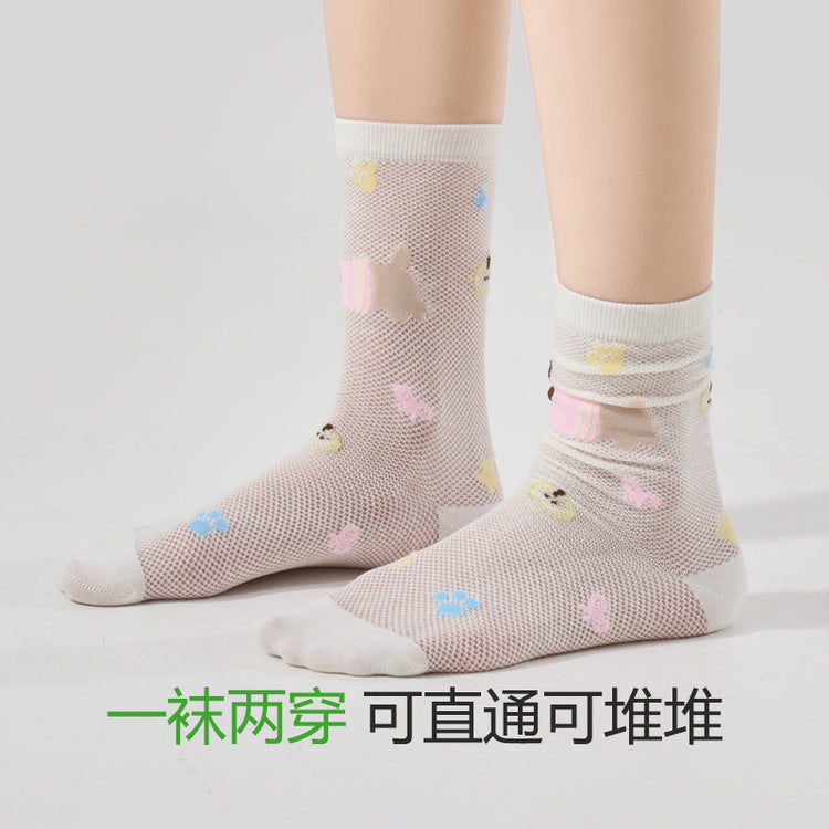 女襪|卡通圖案襪子女春夏季ins潮流薄款網眼中筒襪棉質親膚透氣堆堆襪「MS5001」25.02-3