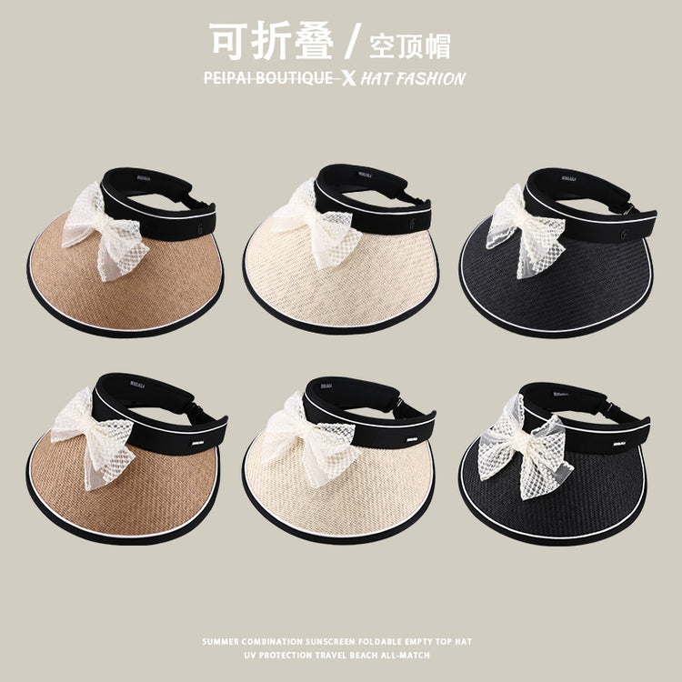 流行帽子|蕾絲蝴蝶結空頂帽女夏季黑膠防紫外線遮陽帽加寬帽檐沙灘太陽帽子「C3802」24.04-3
