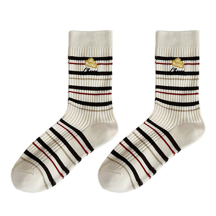 女襪|趣味刺繡襪子女秋冬拼色條紋潮流彈力中筒襪棉質吸汗透氣堆堆襪「MK5172」25.09-4