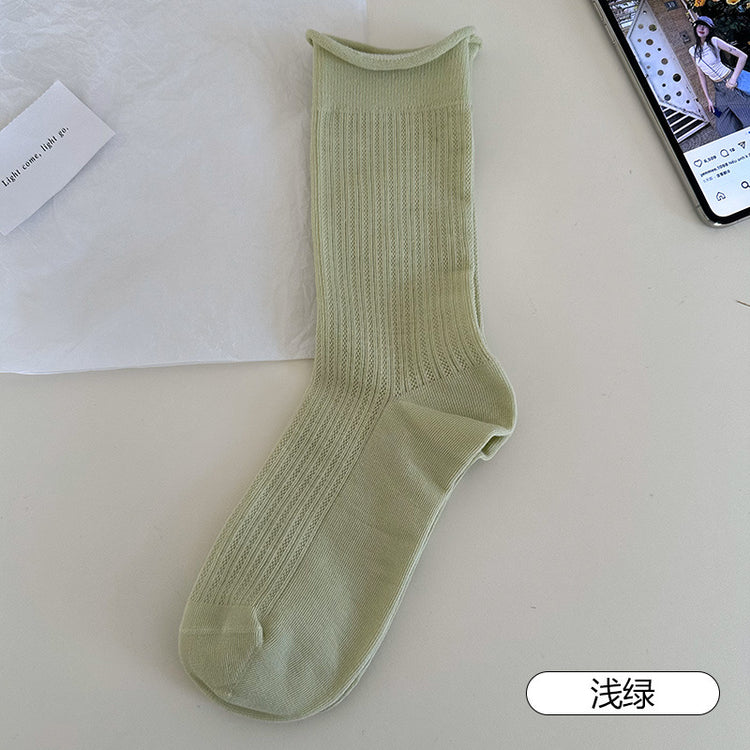 女襪|灰色堆堆襪子女棉質鏤空網眼透氣中筒襪親膚舒適彈力無骨休閒襪「MI1141」25.04-4