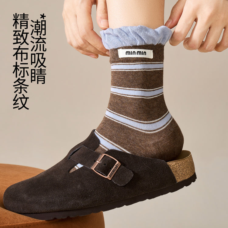女襪|撞色條紋襪子女韓系泡泡口親膚舒適中筒襪吸汗透氣彈力無骨堆堆襪「D2543」25.10-2