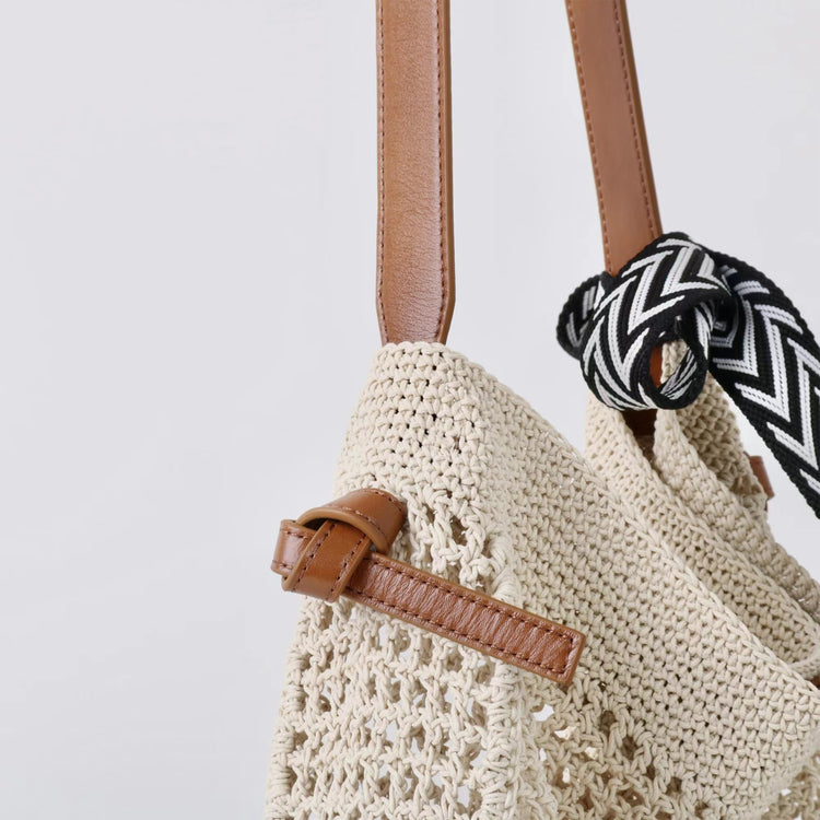 質感真皮|2025新款蠟繩編織托特大容量斜背包頭層牛皮沙灘度假通勤包ins女「3853」25.04-5