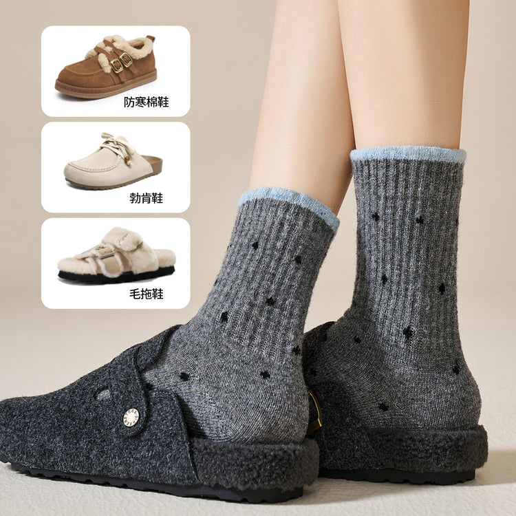 女襪|復古波點襪子女冬季加絨加厚保暖美利奴羊毛襪親膚舒適彈力中筒襪「GO2576」25.11-1
