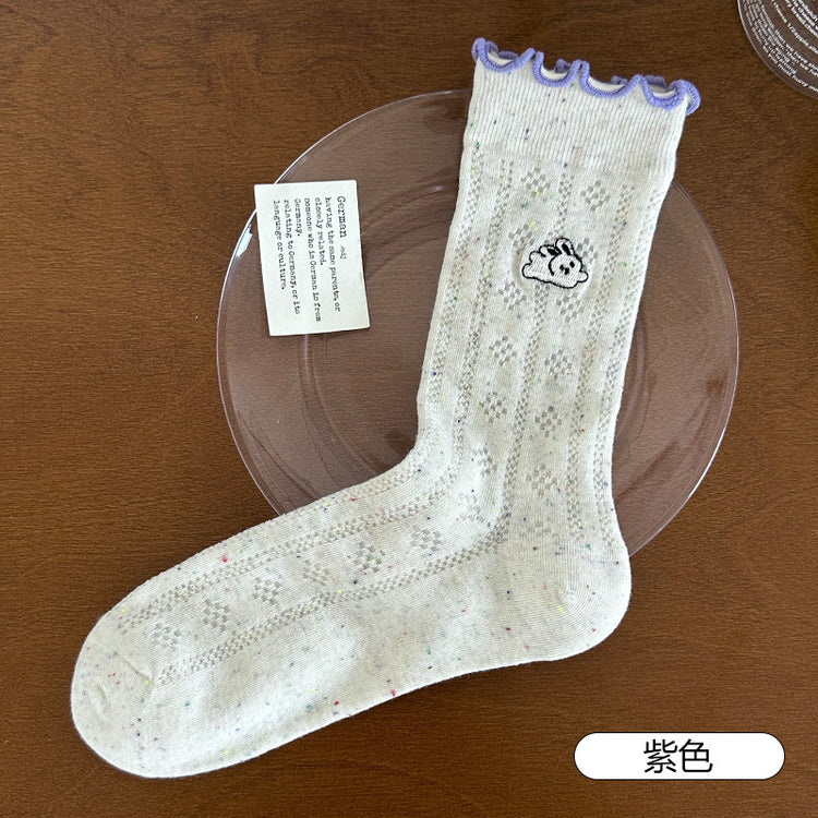 女襪|夏季薄款襪子女棉質吸汗透氣撞色木耳邊堆堆襪彈力親膚舒適中筒襪「MD25111」25.07-2